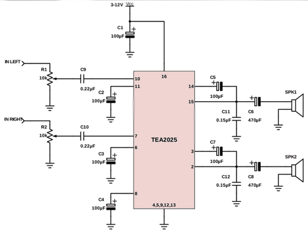 Skema Power Amplifier 5 Watt Stereo IC TEA2025 - Skema Power Amplifier 5 Watt Stereo IC TEA2025 - Skema Diagram