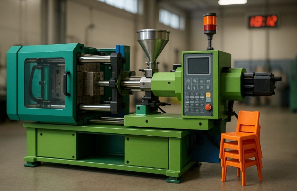 Gambar Mesin Injection sederhana dengan beberapa produk yang dihasilkan untuk artikel Proses injection moulding