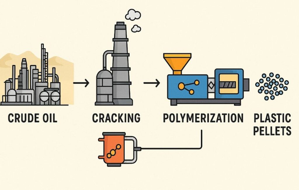 Foto menggambarkan proses produksi plastik dari minyak bumi secara lengkap mulai crude oil hingga biji plastik