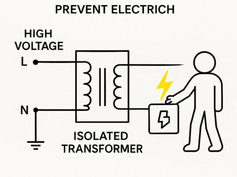 Gambar ilustrasi yang menggambarkan Tujuan Menggunakan Transformator Isolasi dalam mencegah sengatan listrik.