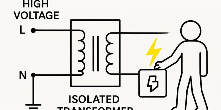 Gambar ilustrasi yang menggambarkan Tujuan Menggunakan Transformator Isolasi dalam mencegah sengatan listrik.