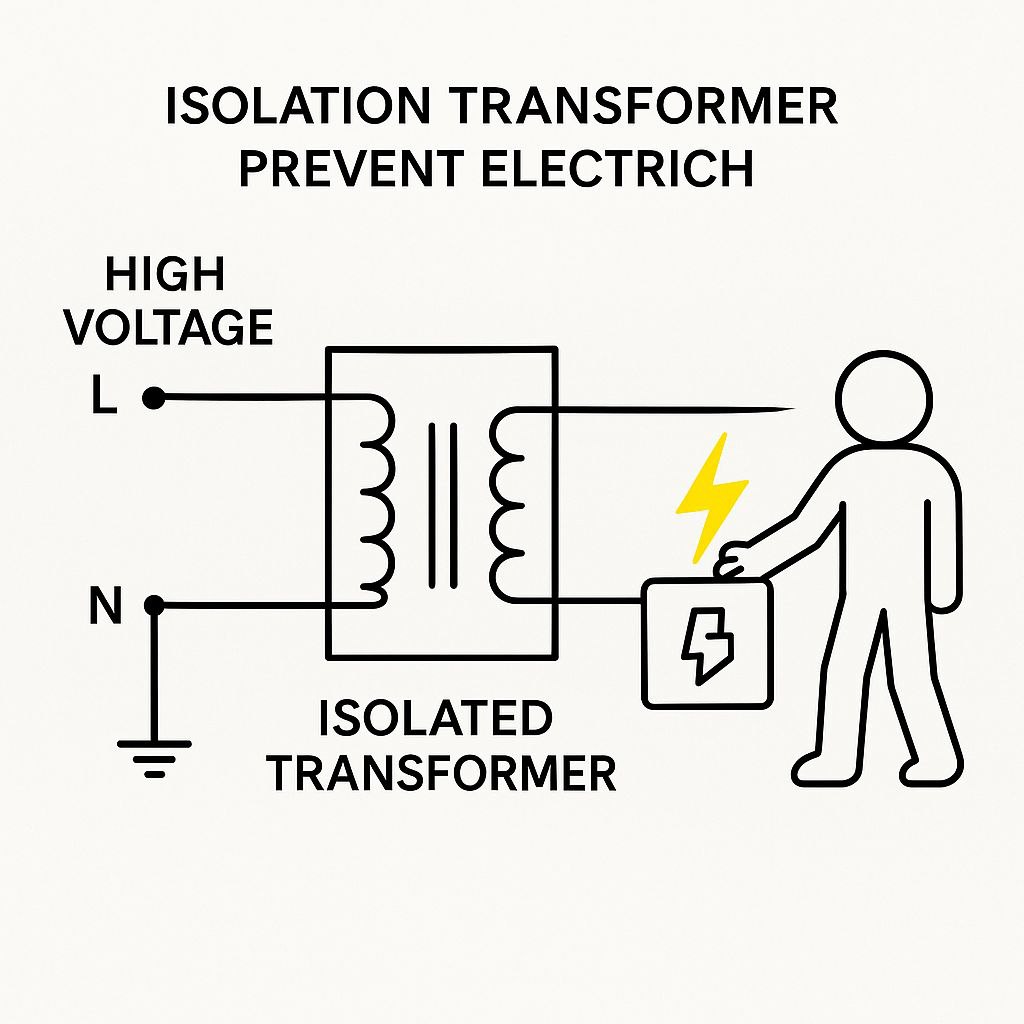 Gambar ilustrasi yang menggambarkan Tujuan Menggunakan Transformator Isolasi dalam mencegah sengatan listrik.