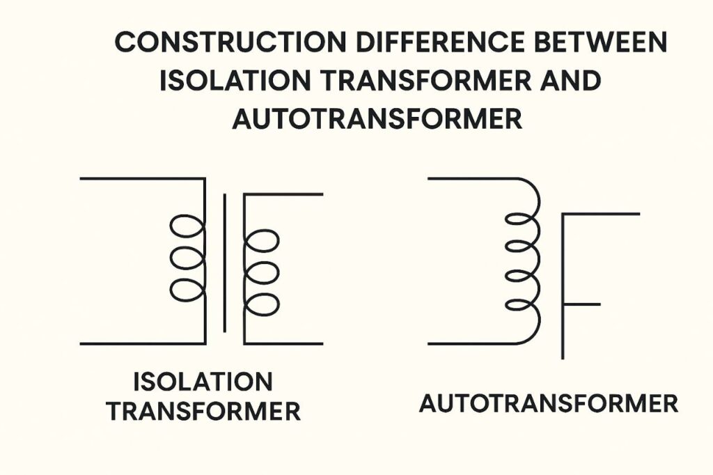 Gambar Ilustrasi perbedaan konstruksi trafo isolasi dan trafo autotrafo. 